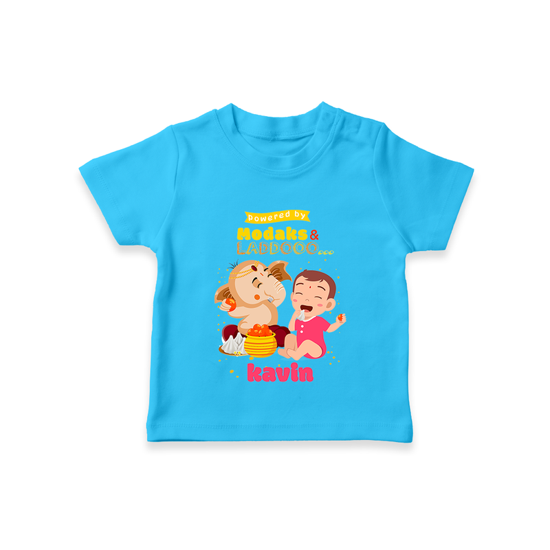 powered by Modaks & Laddoo With Ganesha - Customized TShirt For Kids - SKY BLUE - 0-5 Months Old (Chest 17")