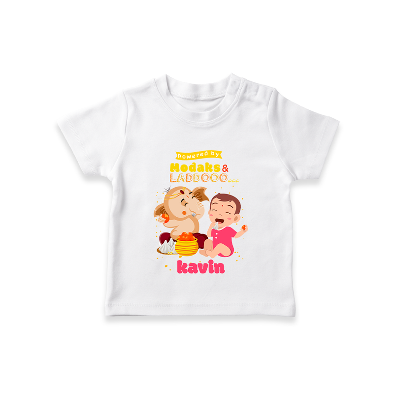 powered by Modaks & Laddoo With Ganesha - Customized TShirt For Kids - WHITE - 0-5 Months Old (Chest 17")