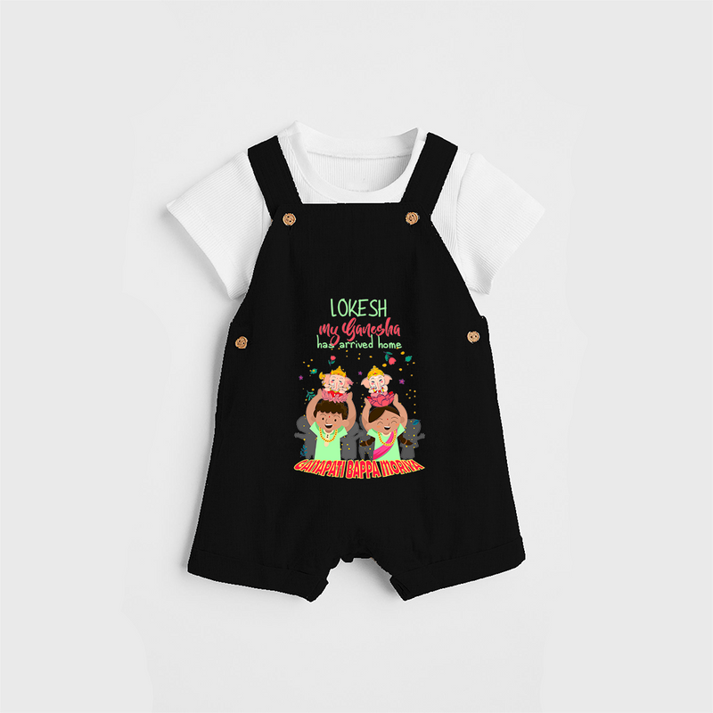 My Ganesha Has Arrived Home - Customized Dungaree Set For Kids - BLACK - 0 - 5 Months Old (Chest 18")