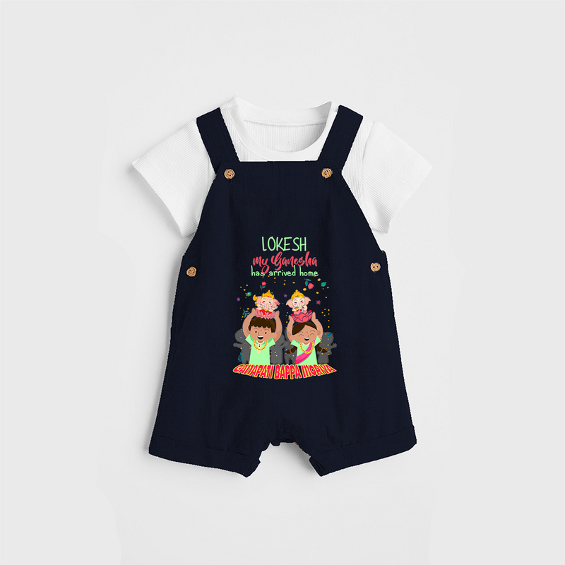 My Ganesha Has Arrived Home - Customized Dungaree Set For Kids - NAVY BLUE - 0 - 5 Months Old (Chest 18")