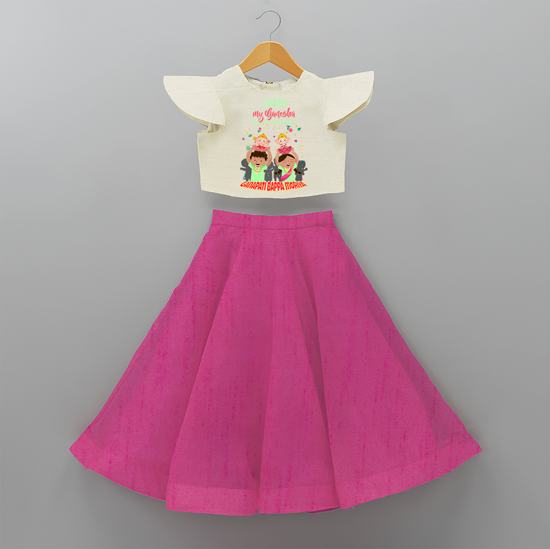 My Ganesha Has Arrived Home - Customized Crop Top And Skirt For Kids - FUSCHIA - 6 - 9 Months Old (Chest 20" , Frock Waist 20")