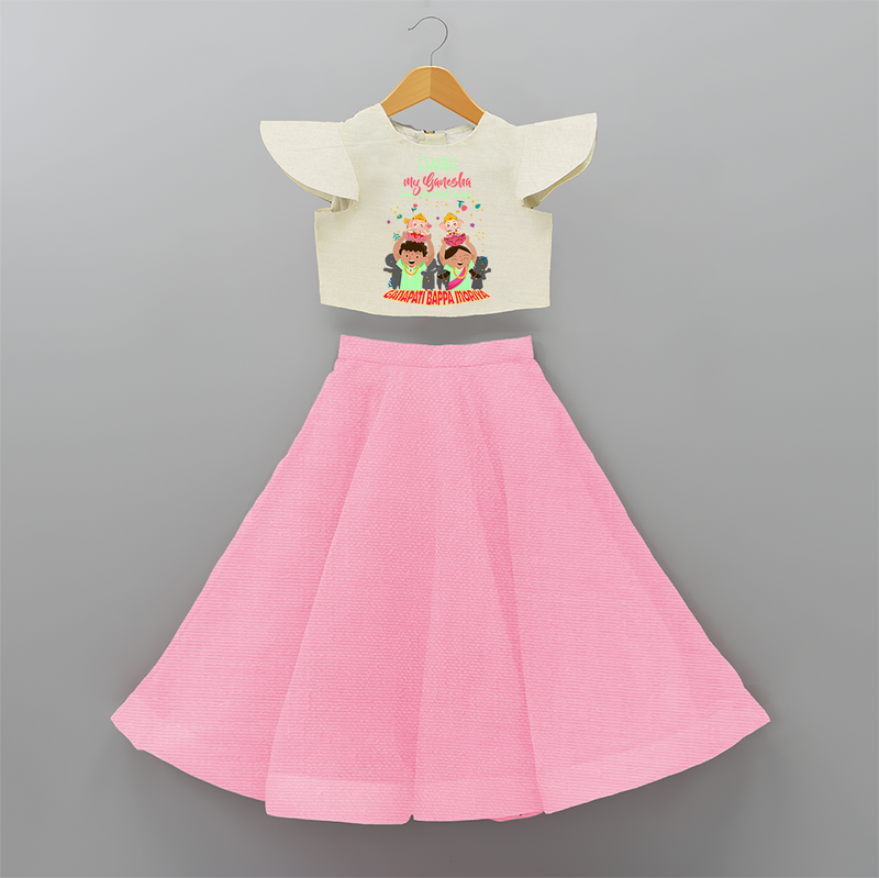 My Ganesha Has Arrived Home - Customized Crop Top And Skirt For Kids - PINK - 6 - 9 Months Old (Chest 20" , Frock Waist 20")