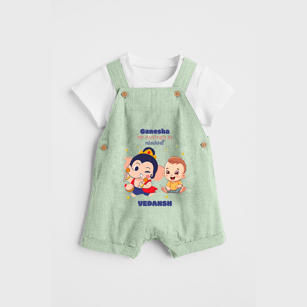 Ganesha My Partner In Mischief - Customized Dungaree Set For Kids - MINT GREEN - 0 - 5 Months Old (Chest 18")