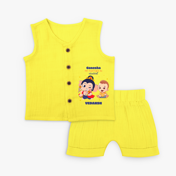 Ganesha My Partner In Mischief - Customized Jabla Set For Kids - YELLOW - 0 - 3 Months Old (Chest 9.8")