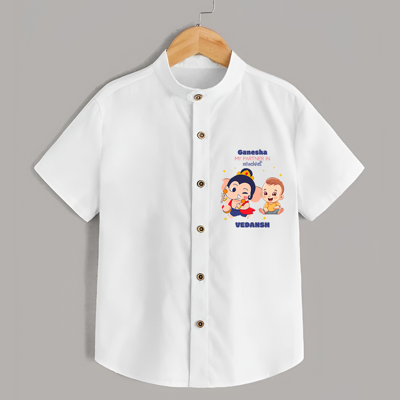 Ganesha My Partner In Mischief - Customized Shirt For Kids - WHITE - 0 - 6 Months Old (Chest 23")