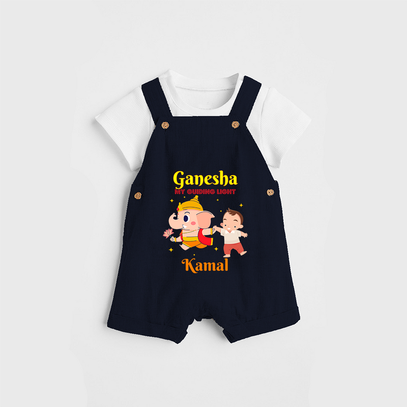 Ganesha My Guiding Light - Customized Dungaree Set For Kids - NAVY BLUE - 0 - 5 Months Old (Chest 18")