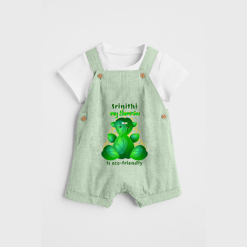 My Ganesha Is Eco - Friendly - Customized Dungaree Set For Kids  - MINT GREEN - 0 - 5 Months Old (Chest 18")