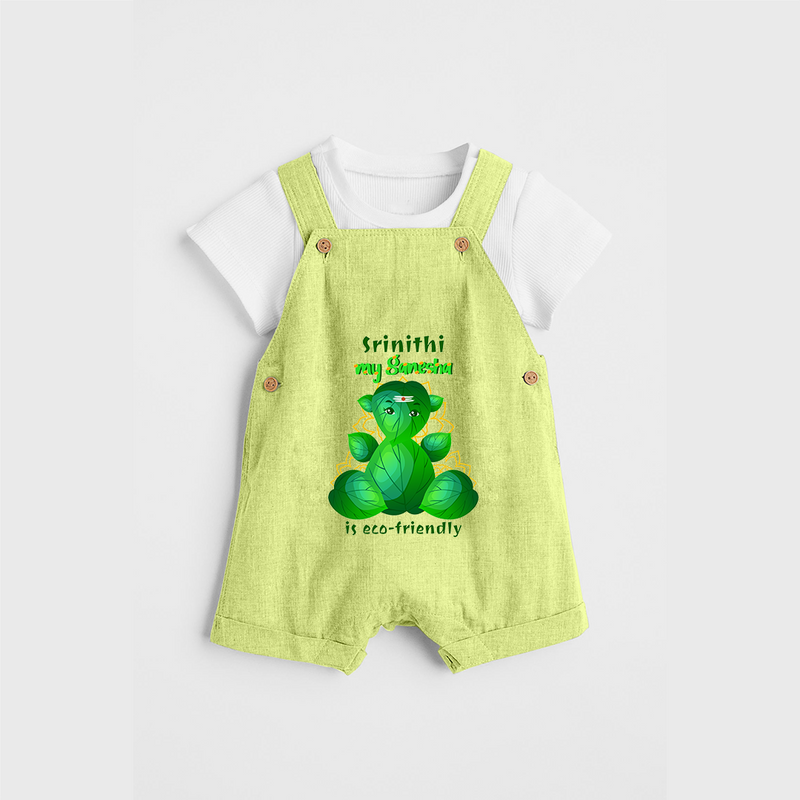 My Ganesha Is Eco - Friendly - Customized Dungaree Set For Kids  - PASTEL GREEN - 0 - 5 Months Old (Chest 18")