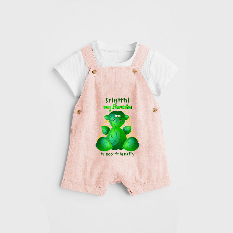 My Ganesha Is Eco - Friendly - Customized Dungaree Set For Kids  - PEACH - 0 - 5 Months Old (Chest 18")