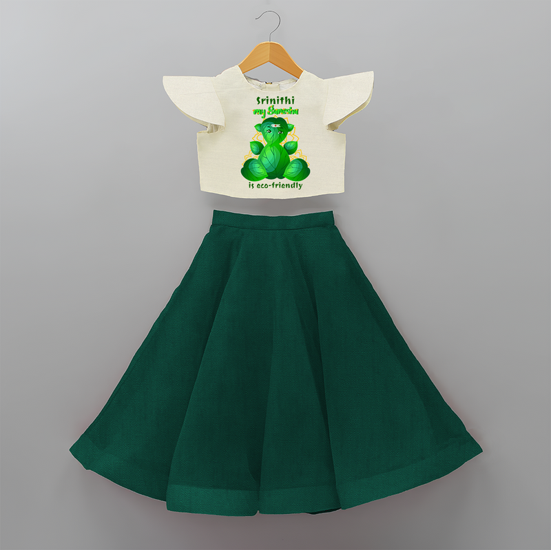 My Ganesha Is Eco - Friendly - Customized Crop Top And Skirt For Kids  - BOTTLE GREEN - 6 - 9 Months Old (Chest 20" , Frock Waist 20")