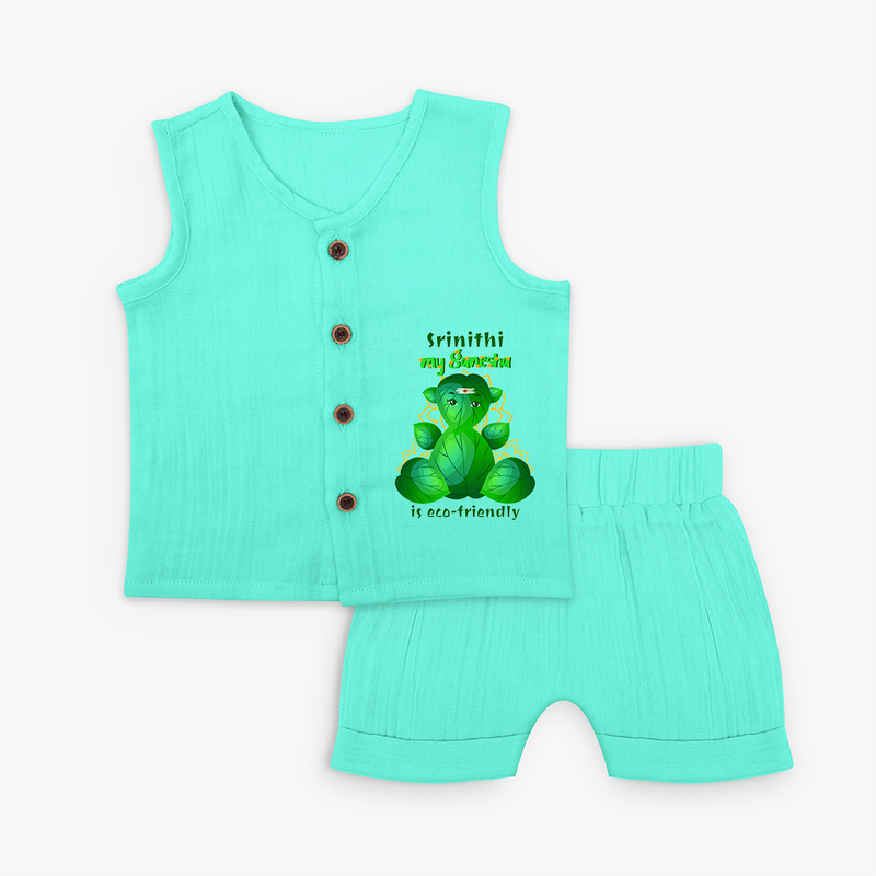 My Ganesha Is Eco - Friendly - Customized Jabla Set For Kids  - AQUA GREEN - 0 - 3 Months Old (Chest 9.8")