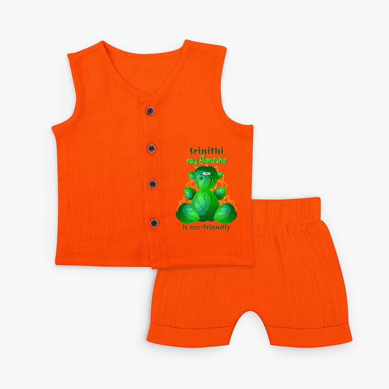 My Ganesha Is Eco - Friendly - Customized Jabla Set For Kids  - TANGERINE - 0 - 3 Months Old (Chest 9.8")