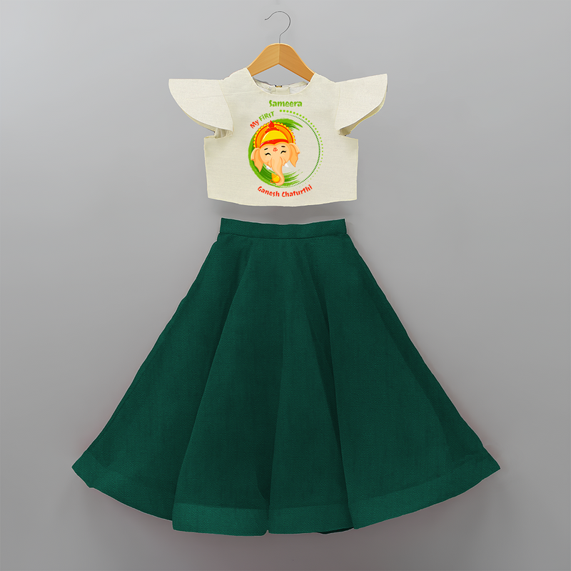 My First Ganesh Chaturthi - Customized Crop Top And Skirt For Kids - BOTTLE GREEN - 6 - 9 Months Old (Chest 20" , Frock Waist 20")