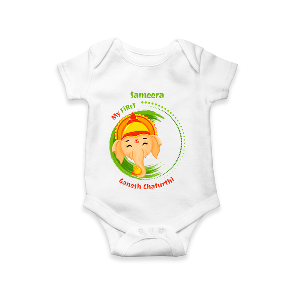 My First Ganesh Chaturthi - Customized Romper For Kids - WHITE - 0 - 3 Months Old (Chest 16")