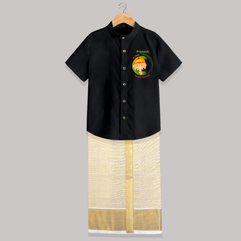 My First Ganesh Chaturthi - Customized Raw Silk Shirt And Dhoti For Kids - BLACK - 0 - 6 Months Old (Chest-23") (Dhoti length-14")