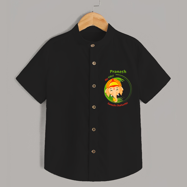 My First Ganesh Chaturthi - Customized Shirt For Kids - BLACK - 0 - 6 Months Old (Chest 23")