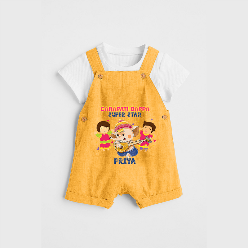 Ganapati Bappa Super Star - Customized Dungaree Set For Kids - PASTEL YELLOW - 0 - 5 Months Old (Chest 18")