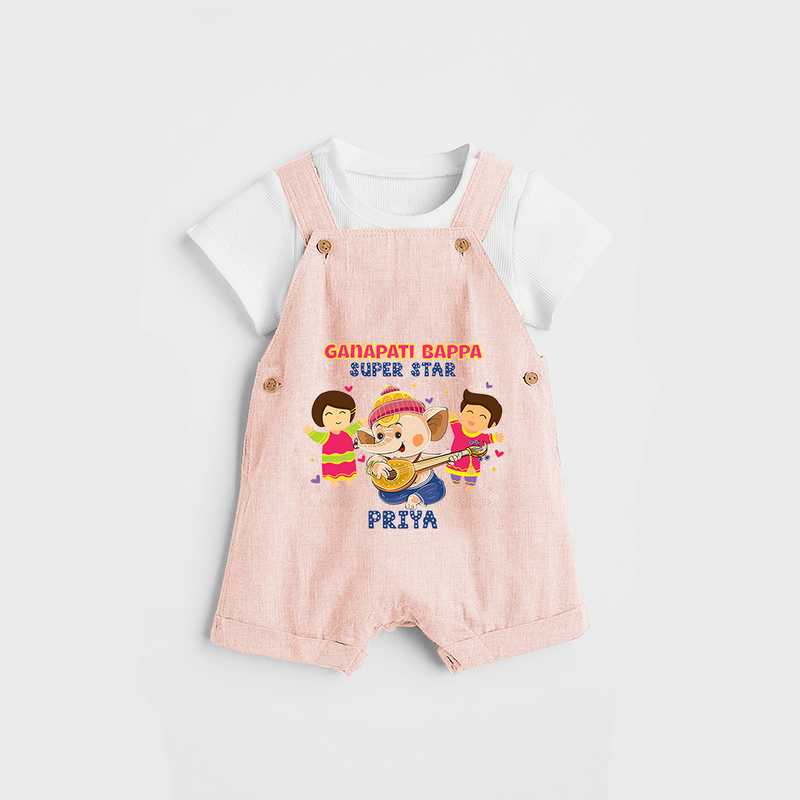 Ganapati Bappa Super Star - Customized Dungaree Set For Kids - PEACH - 0 - 5 Months Old (Chest 18")