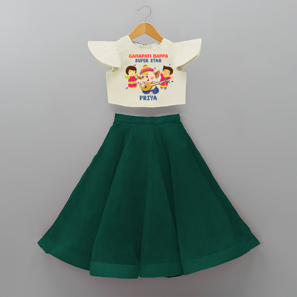 Ganapati Bappa Super Star - Customized Crop Top And Skirt For Kids - BOTTLE GREEN - 6 - 9 Months Old (Chest 20" , Frock Waist 20")