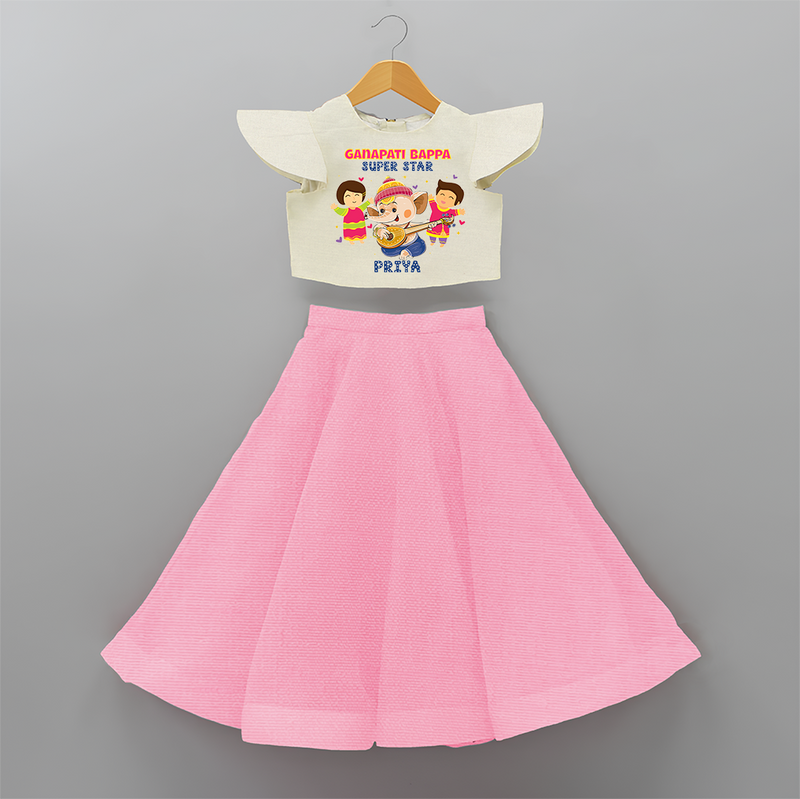 Ganapati Bappa Super Star - Customized Crop Top And Skirt For Kids - PINK - 6 - 9 Months Old (Chest 20" , Frock Waist 20")