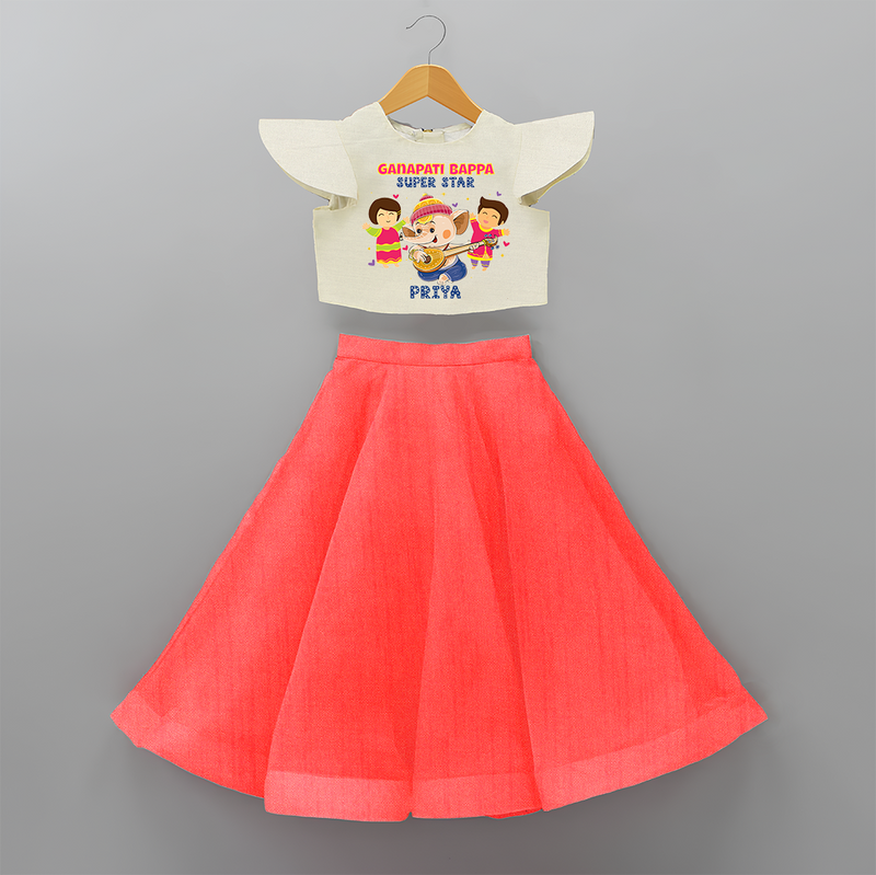 Ganapati Bappa Super Star - Customized Crop Top And Skirt For Kids - RED - 6 - 9 Months Old (Chest 20" , Frock Waist 20")