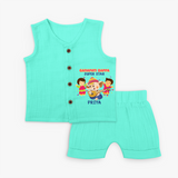 Ganapati Bappa Super Star - Customized Jabla Set For Kids - AQUA GREEN - 0 - 3 Months Old (Chest 9.8")