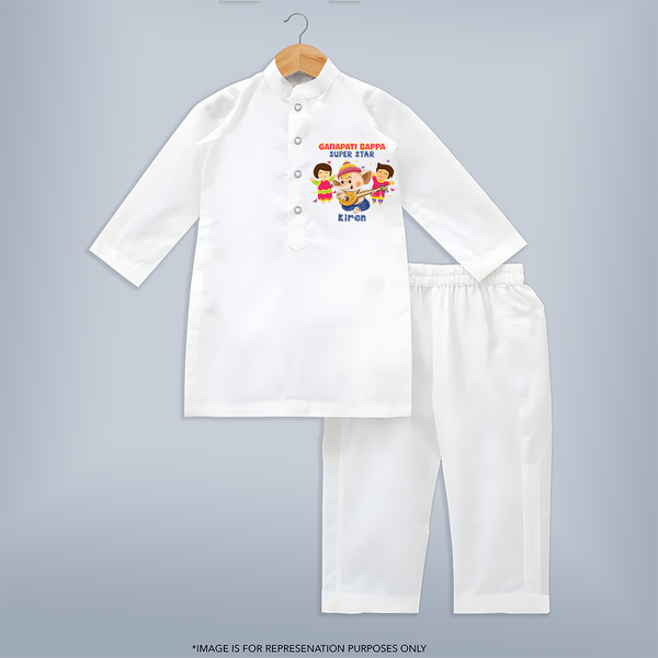 Ganapati Bappa Super Star - Customized Kurta Set For Kids - WHITE - 3-6 Month Old (Chest 24", Kurta Length 14'', Waist 19", Pant Length 14")