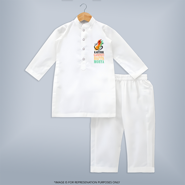 Ganpati Bappa Morya - Customized Kurta Set For Kids - WHITE - 3-6 Month Old (Chest 24", Kurta Length 14'', Waist 19", Pant Length 14")