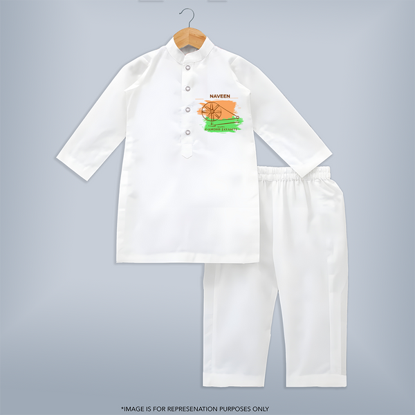 Happy Gandhi jayanti - Customized kurta Set For Boys - WHITE - 3-6 Month Old (Chest 24", Kurta Length 14'', Waist 19", Pant Length 14")