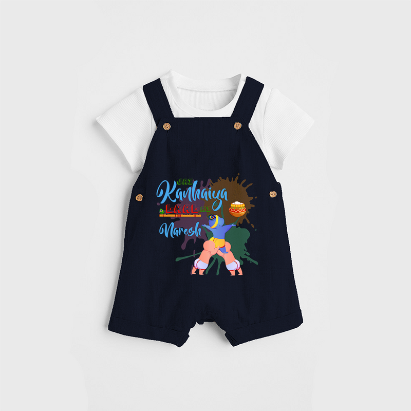 Playful Krishna & Friends Customised Dungaree set for kids - NAVY BLUE - 0 - 5 Months Old (Chest 18")