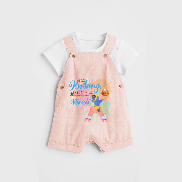 Playful Krishna & Friends Customised Dungaree set for kids - PEACH - 0 - 5 Months Old (Chest 18")