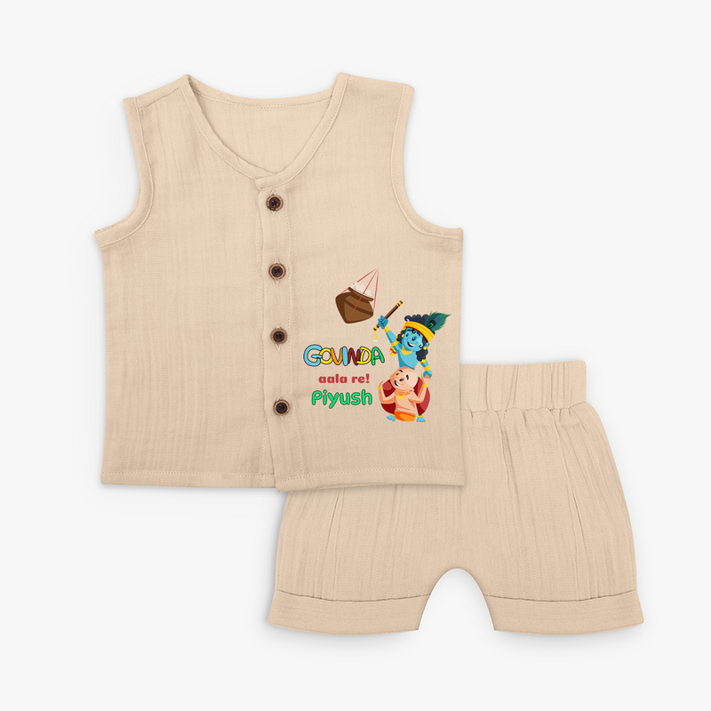 Govinda Aala re! Customised Jabla set for kids - CREAM - 0 - 3 Months Old (Chest 9.8")