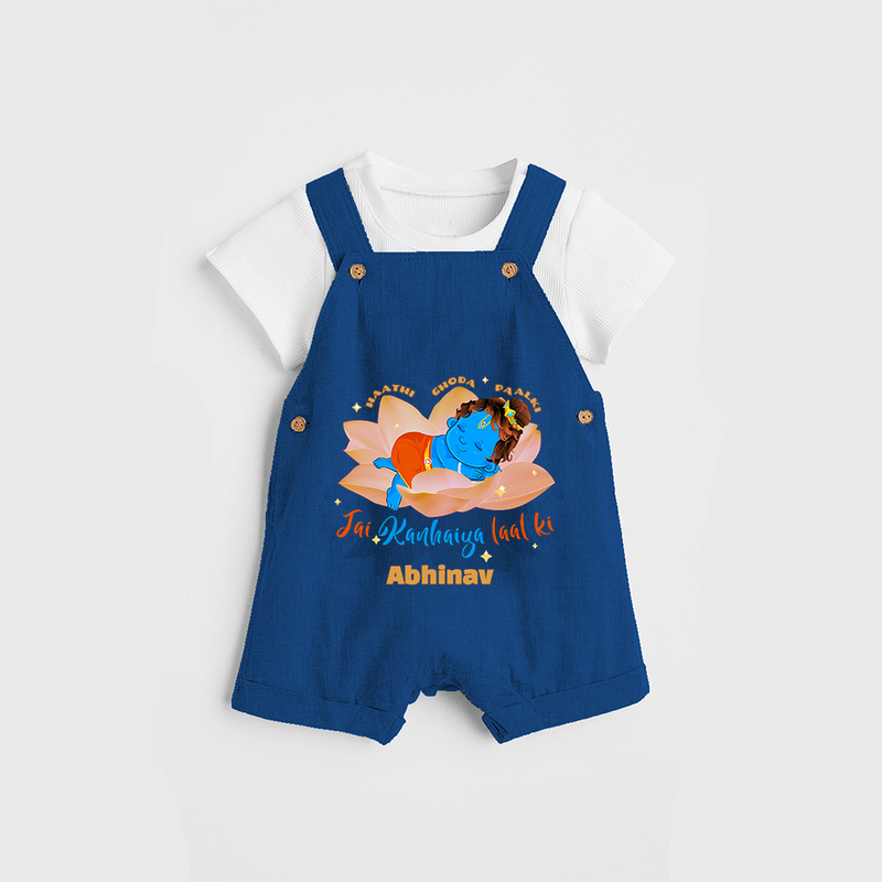 Little Krishna Sleeping On Lotus Customised Dungaree set for kids - COBALT BLUE - 0 - 5 Months Old (Chest 18")