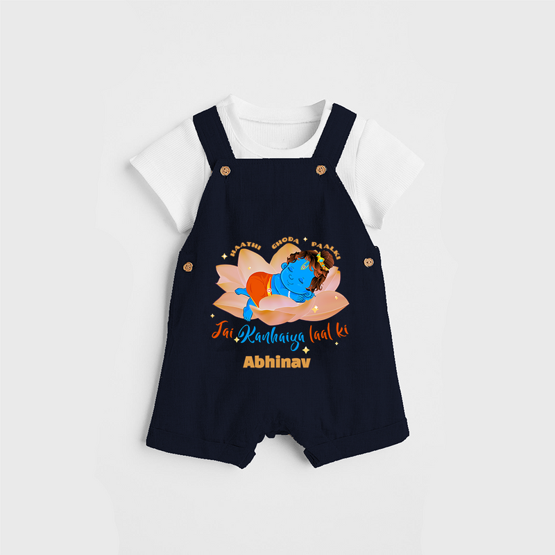 Little Krishna Sleeping On Lotus Customised Dungaree set for kids - NAVY BLUE - 0 - 5 Months Old (Chest 18")