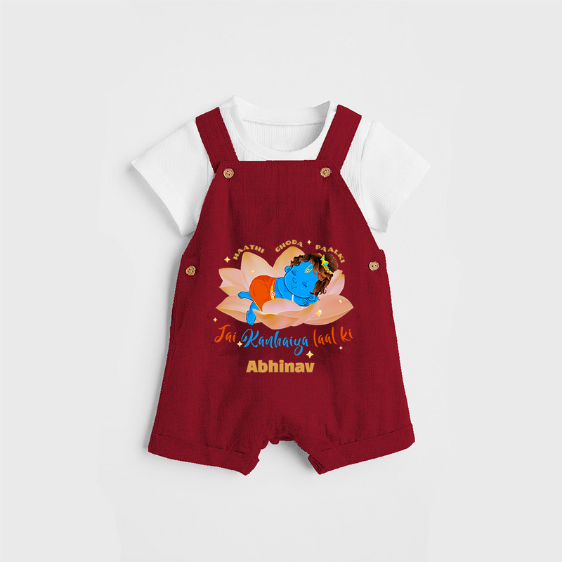 Little Krishna Sleeping On Lotus Customised Dungaree set for kids - RED - 0 - 5 Months Old (Chest 18")