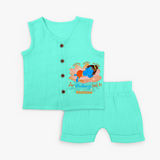 Little Krishna Sleeping On Lotus Customised Jabla set for kids - AQUA GREEN - 0 - 3 Months Old (Chest 9.8")