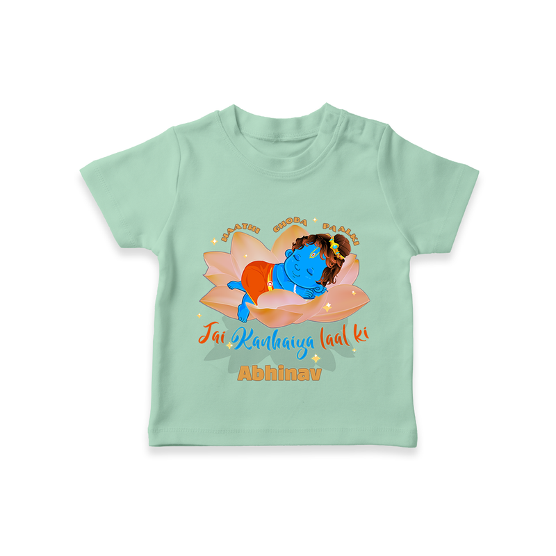 Little Krishna Sleeping On Lotus Customised TShirt set for kids - MINT GREEN - 0-5 Months Old (Chest 17")