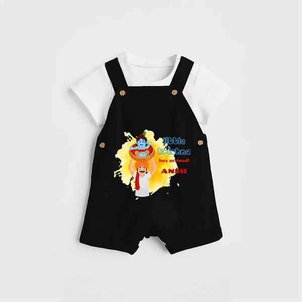 Little Krishna Has Arrived Customised Dungaree set for kids - BLACK - 0 - 5 Months Old (Chest 18")