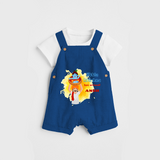 Little Krishna Has Arrived Customised Dungaree set for kids - COBALT BLUE - 0 - 5 Months Old (Chest 18")