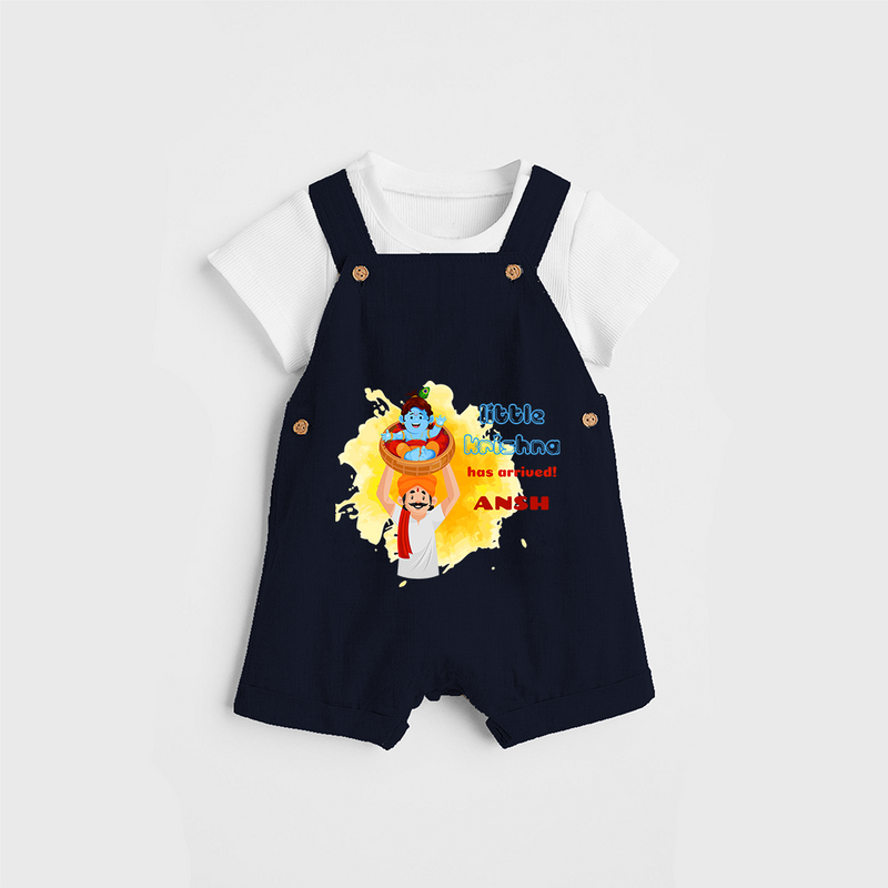 Little Krishna Has Arrived Customised Dungaree set for kids - NAVY BLUE - 0 - 5 Months Old (Chest 18")