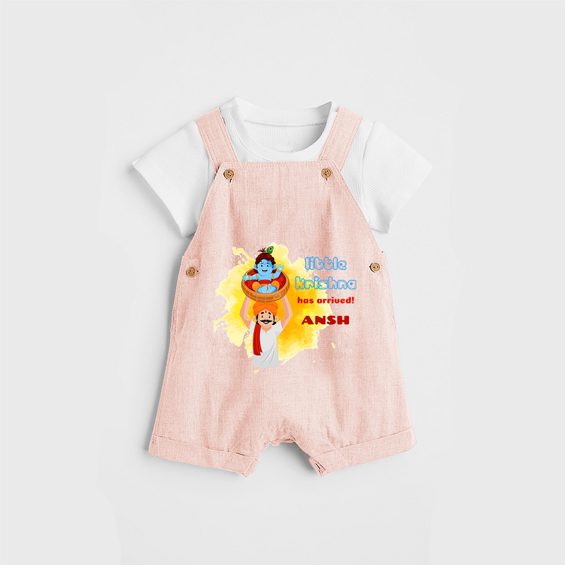 Little Krishna Has Arrived Customised Dungaree set for kids - PEACH - 0 - 5 Months Old (Chest 18")