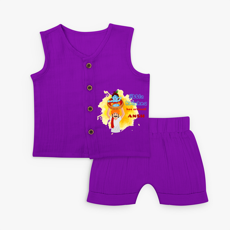 Little Krishna Has Arrived Customised Jabla set for kids - ROYAL PURPLE - 0 - 3 Months Old (Chest 9.8")