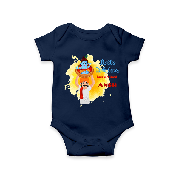 Little Krishna Has Arrived Customized Romper set for kids - NAVY BLUE - 0 - 3 Months Old (Chest 16")