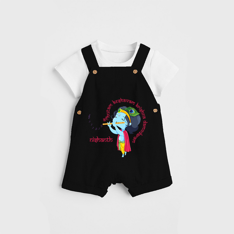 Flute-Playing Krishna Customised Dungaree set for kids - BLACK - 0 - 5 Months Old (Chest 18")