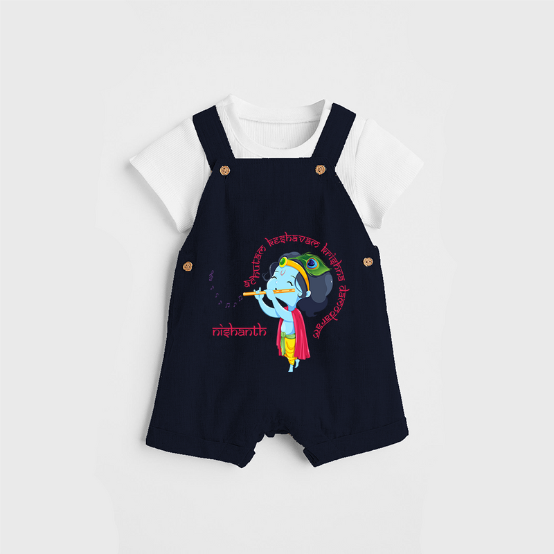 Flute-Playing Krishna Customised Dungaree set for kids - NAVY BLUE - 0 - 5 Months Old (Chest 18")