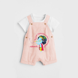 Flute-Playing Krishna Customised Dungaree set for kids - PEACH - 0 - 5 Months Old (Chest 18")