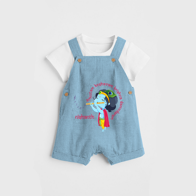 Flute-Playing Krishna Customised Dungaree set for kids - SKY BLUE - 0 - 5 Months Old (Chest 18")