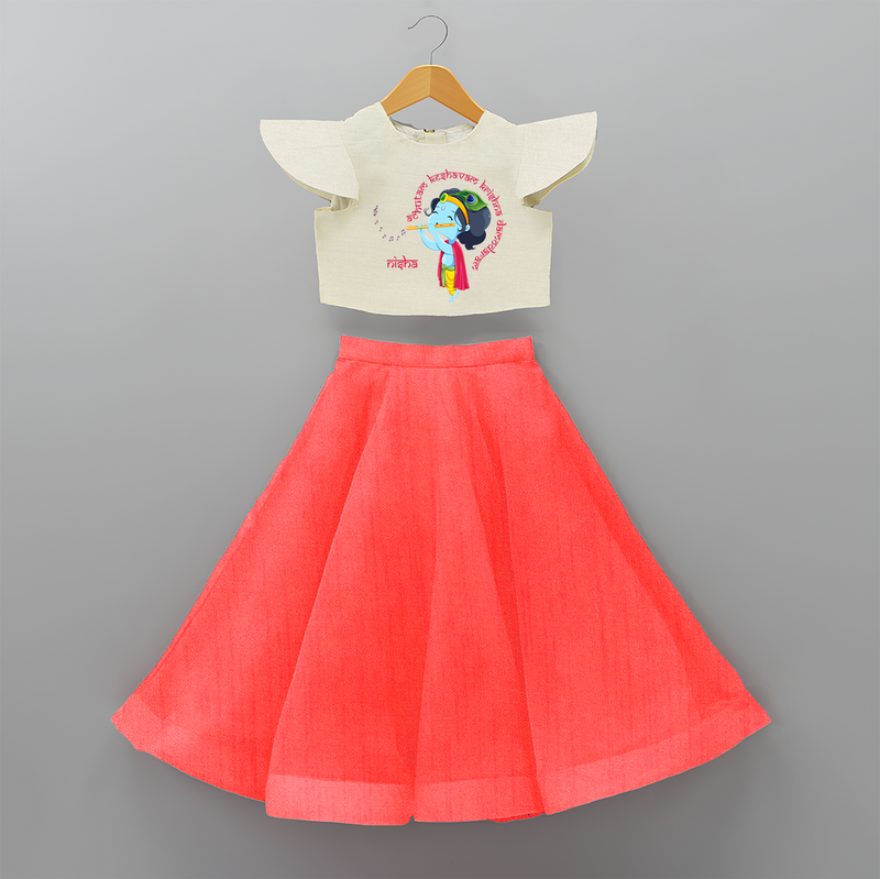 Flute-Playing Krishna Customised Frock for kids - RED - 6 -9 Months Old (Chest 20") (Frock Waist 20")