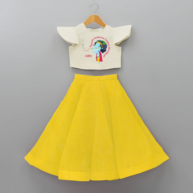 Flute-Playing Krishna Customised Frock for kids - YELLOW - 6 -9 Months Old (Chest 20") (Frock Waist 20")