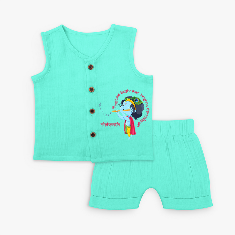 Flute-Playing Krishna Customised Jabla set for kids - AQUA GREEN - 0 - 3 Months Old (Chest 9.8")